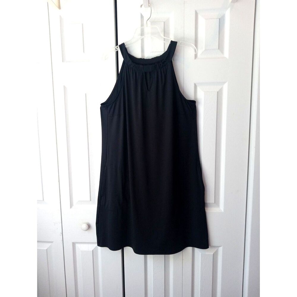 Lands End Dress Coverup Size Large 14-16 Black Stretch Keyhole Neckline Pockets
